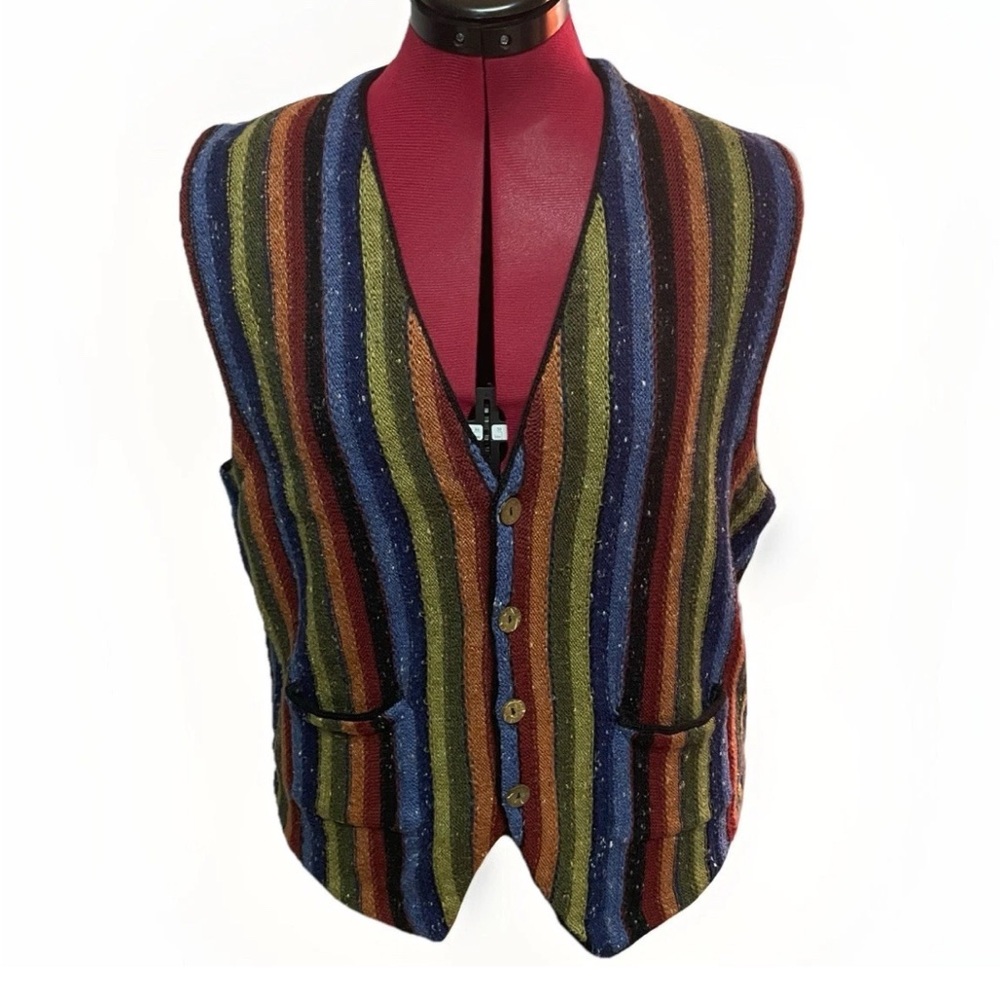 VTG Retro 90s Raw Rags Wool
Blend Multicolored Striped Vest Sz
M Boho Lagenlook